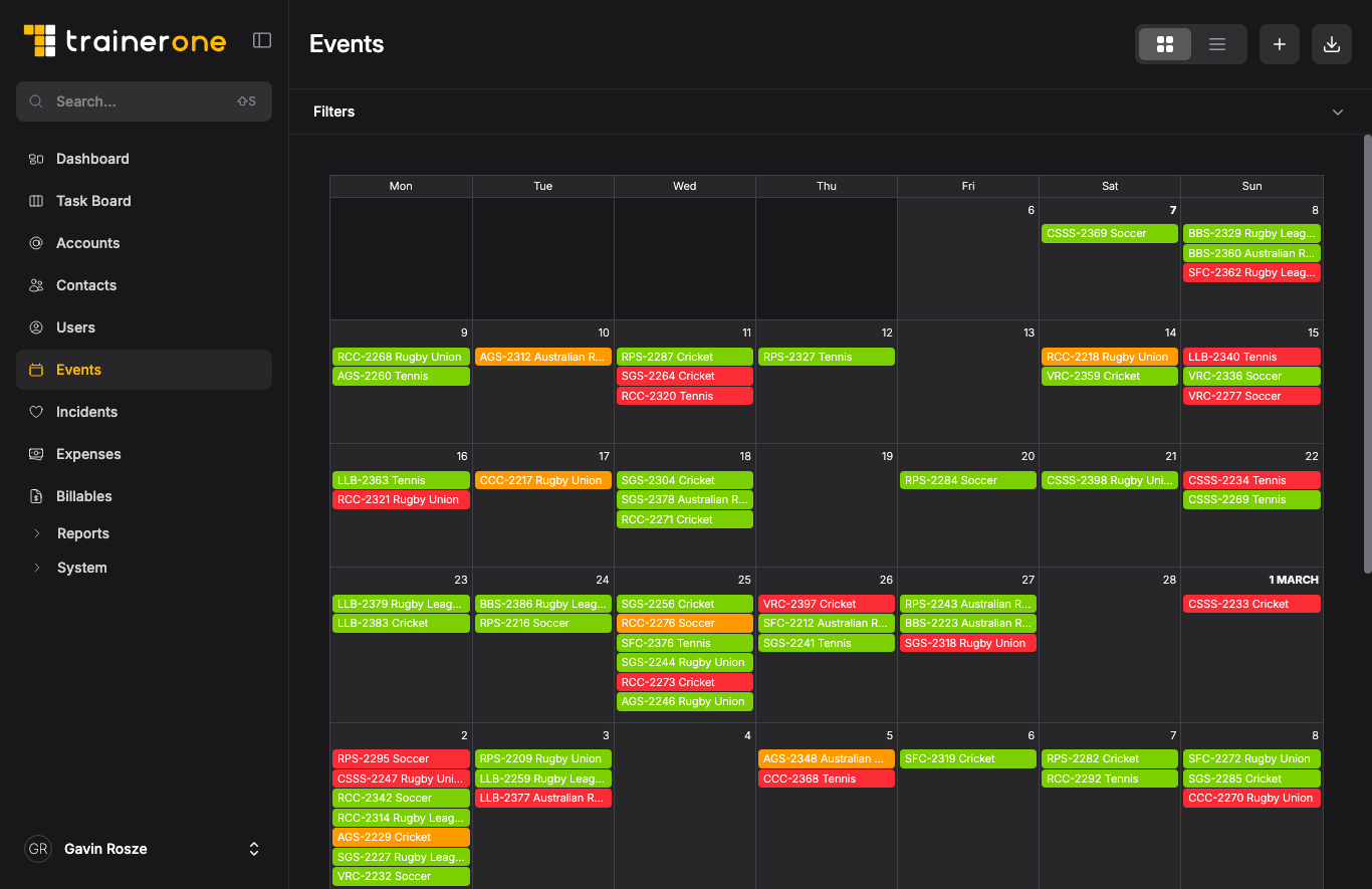 TrainerOne Events Calendar